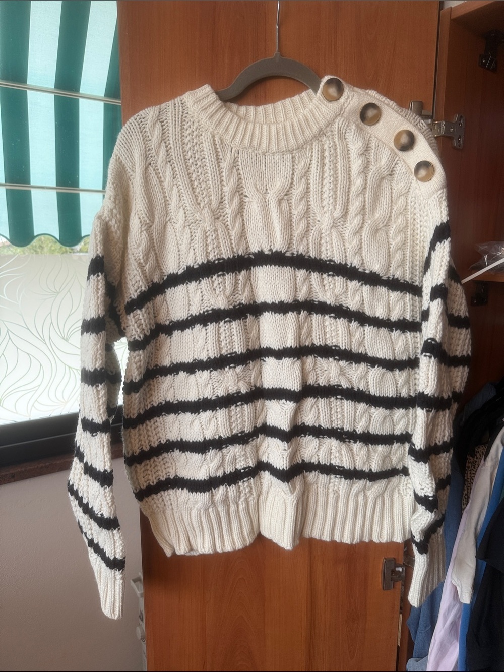 Sezane Cream Sweater with Navy Stripes and Shoulder Buttons